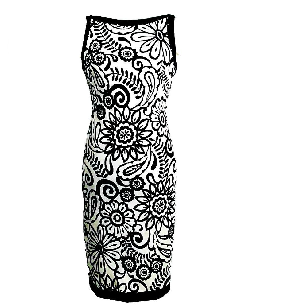 Kay Unger Black White Floral Print Embellished V-Neck Sleeveless Sheath Dress 10